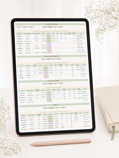 Planner de nuntă pentru mireasă, funcțional pe telefon și laptop, în Google Sheets.